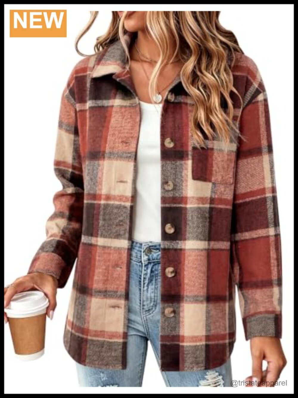 Flannel Shacket Jacket Plaid Button Down Long Sleeve Shirt Casual